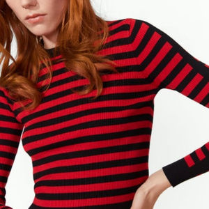 ZARA Ribbed Red Black Strip Cropped Sweater Size S